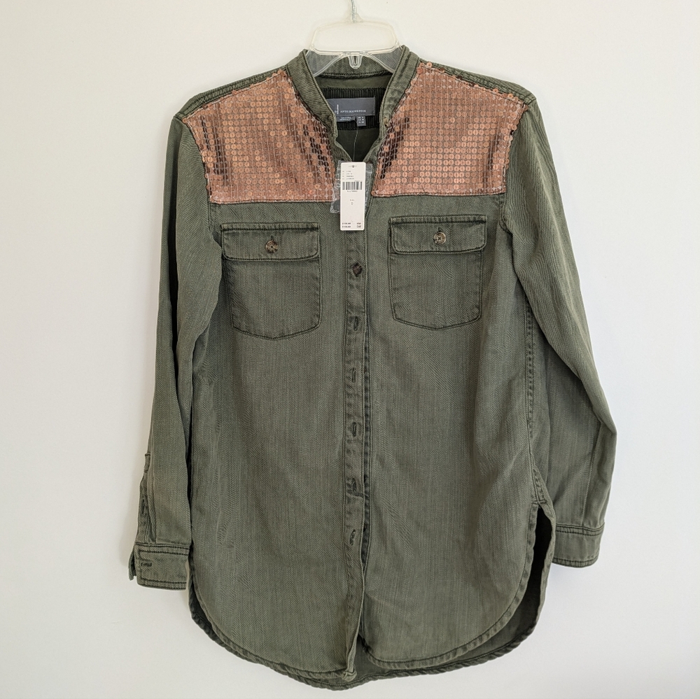 NWT Anthropologie Sequined Cargo Shirt Green Size 0
